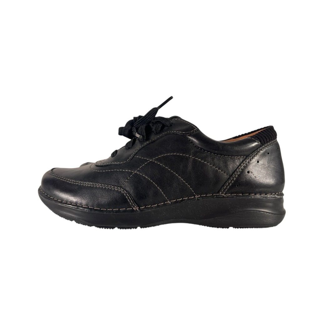 Clarks Unstructured Women's Appley Tie Black Leather‎ Sneaker Shoe Size 6.5
